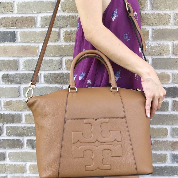 Tory Burch Bombe T Medium Slouchy Satchel Bark - Picture 2 of 8